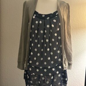 Source Unknown Black Polka Dot Layered Dress with Cream Cardigan